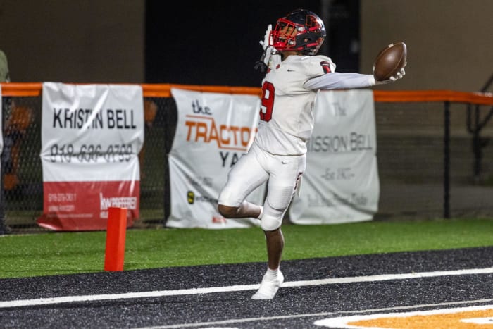 Del City receiver LaDainian Fields reacts after scoring a touchdown during the Eagles' win at Coweta on Oct. 27, 2023. Photo by Daniel Shular, Tulsa World